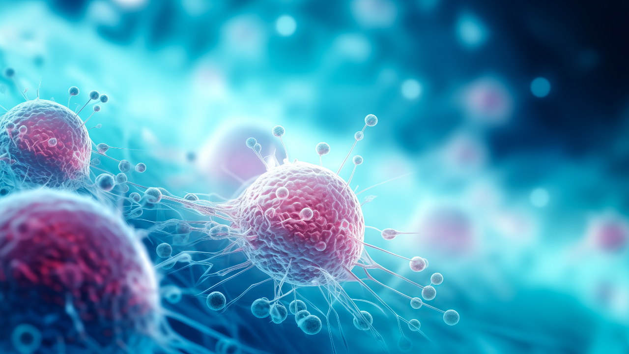 Banner Medical illustration, red cancer cell on blue background. Image Credit: Adobe Stock Images/Adin