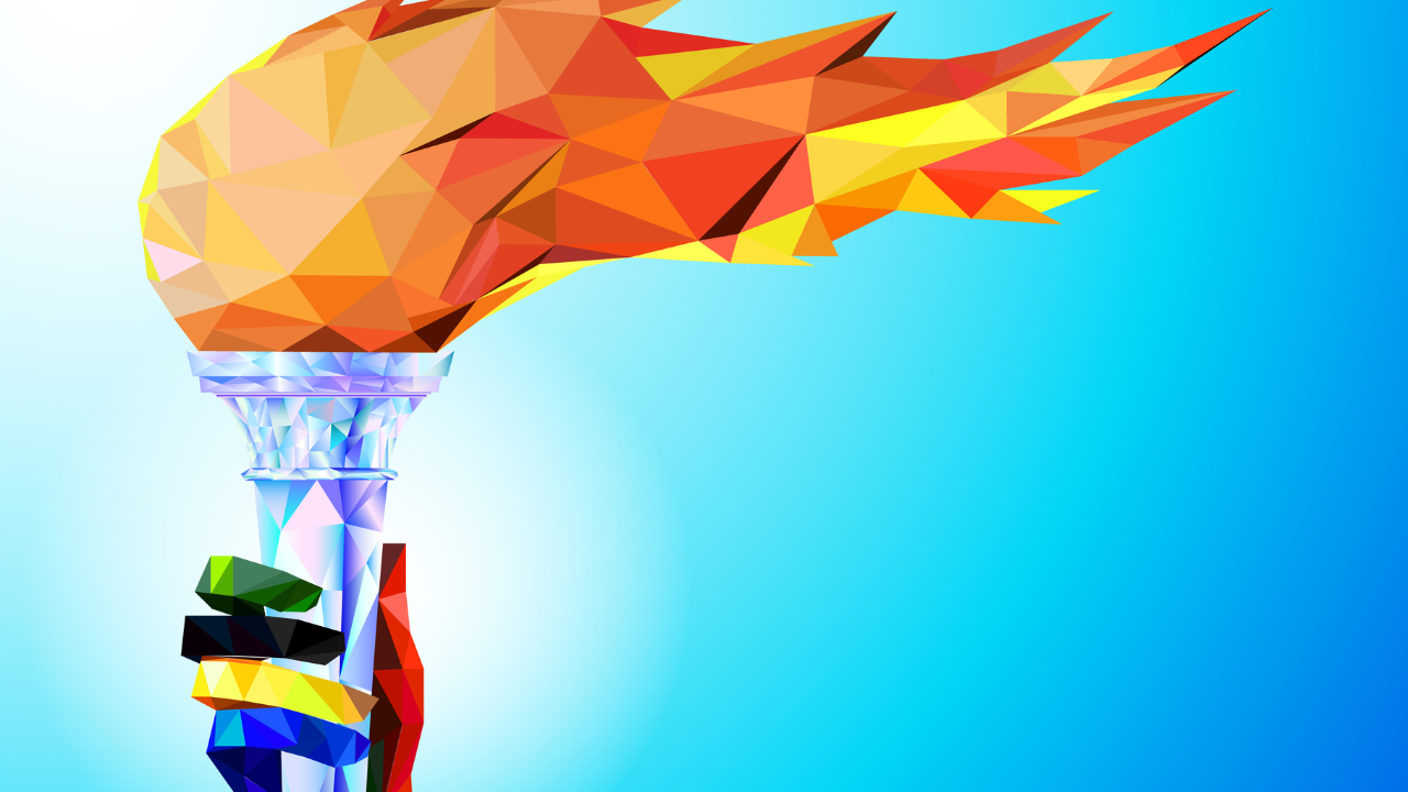 Torch, Flame. A hand from the Olympic ribbons holds the Cup with a torch on a blue background in a geometric triangle of XXIII style Winter games. Image Credit: Adobe Stock Images/KirillS
