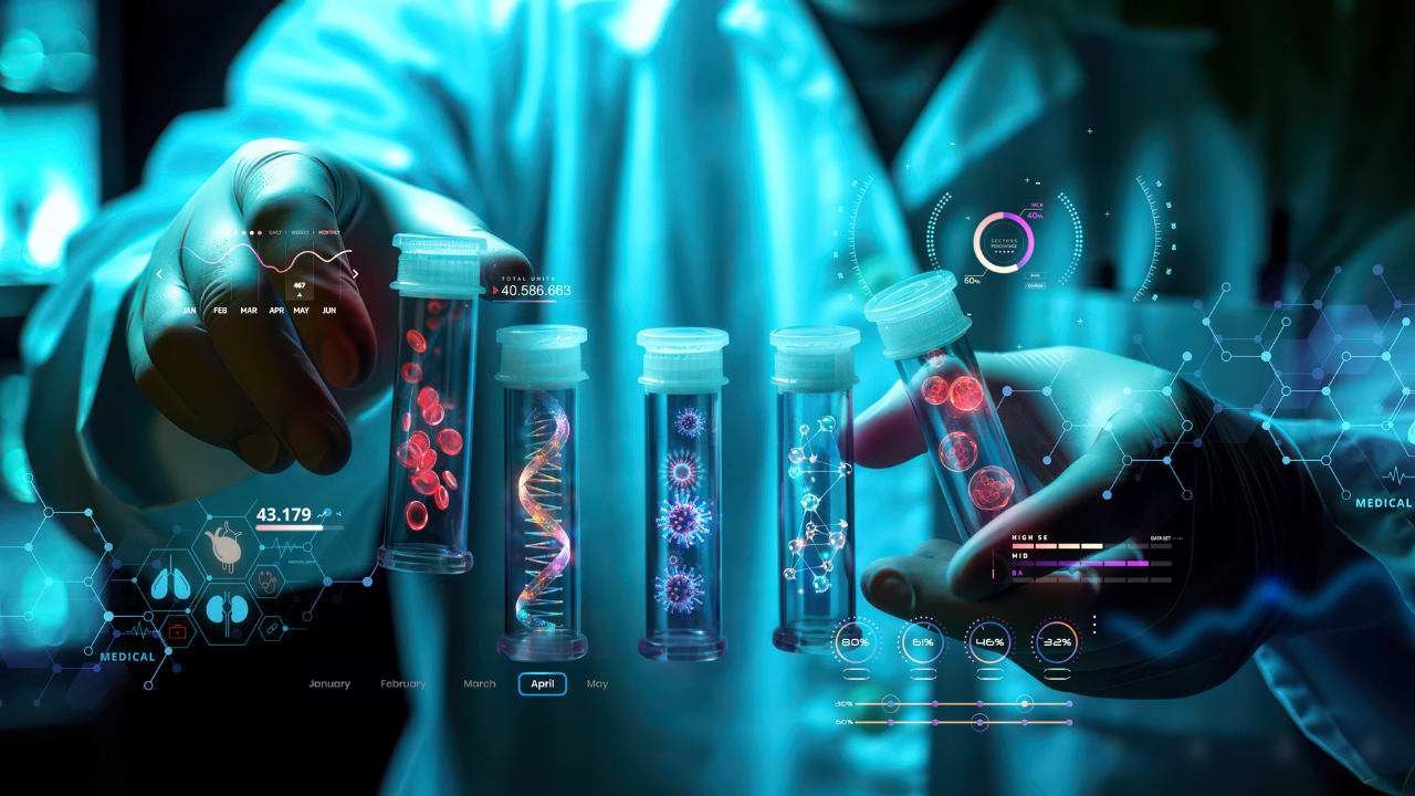 scientist holding medical testing tubes or vials of medical pharmaceutical research with blood cells and virus cure using DNA genome sequencing biotechnology as wide banner hologram. Image Credit: Adobe Stock Images/sizsus