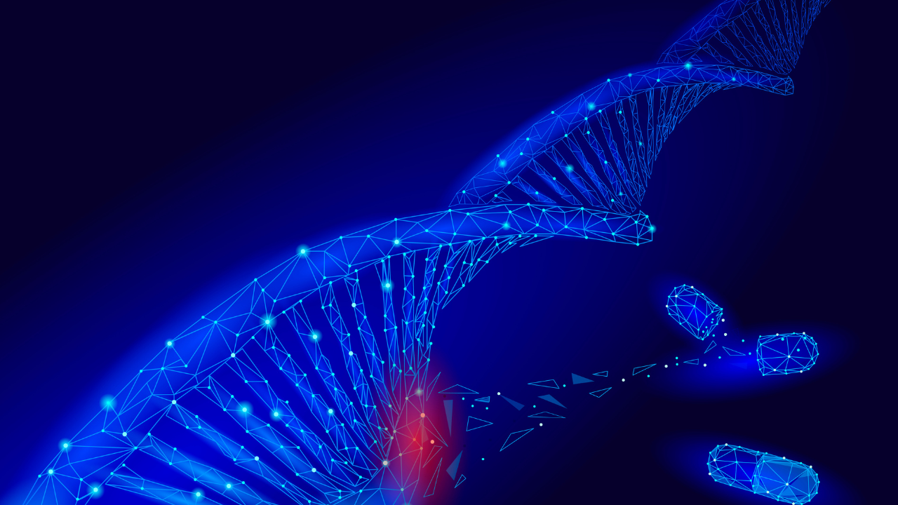 Gene therapy DNA 3D chemical molecule structure low poly. Polygonal triangle point line healthy cell part. Innovation blue medicine genome engineering vector illustration future business technology. Image Credit: Adobe Stock Images/LuckyStep