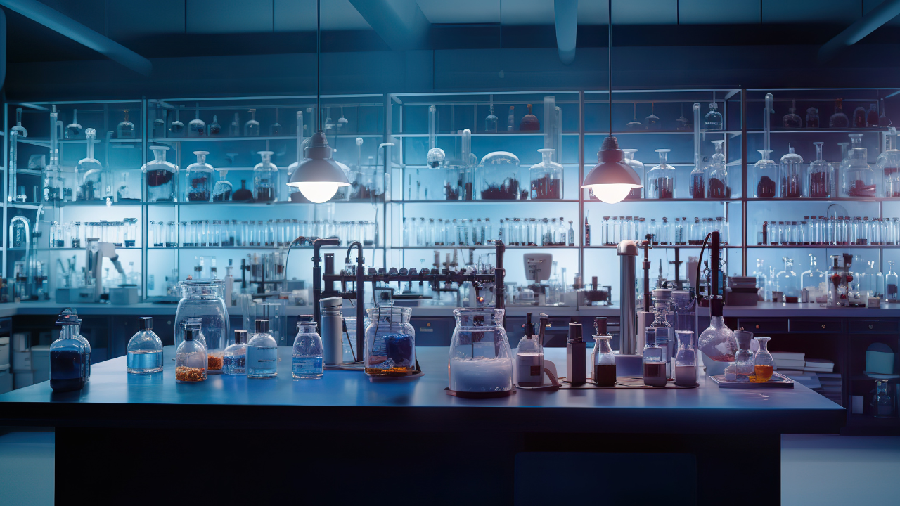 AI Generated. AI Generative. Photo illustration of medicine chemistry research laboratory. Glassware, microscope and many toold equipment. Graphic Art. Image Credit: Adobe Stock Images/AkimD