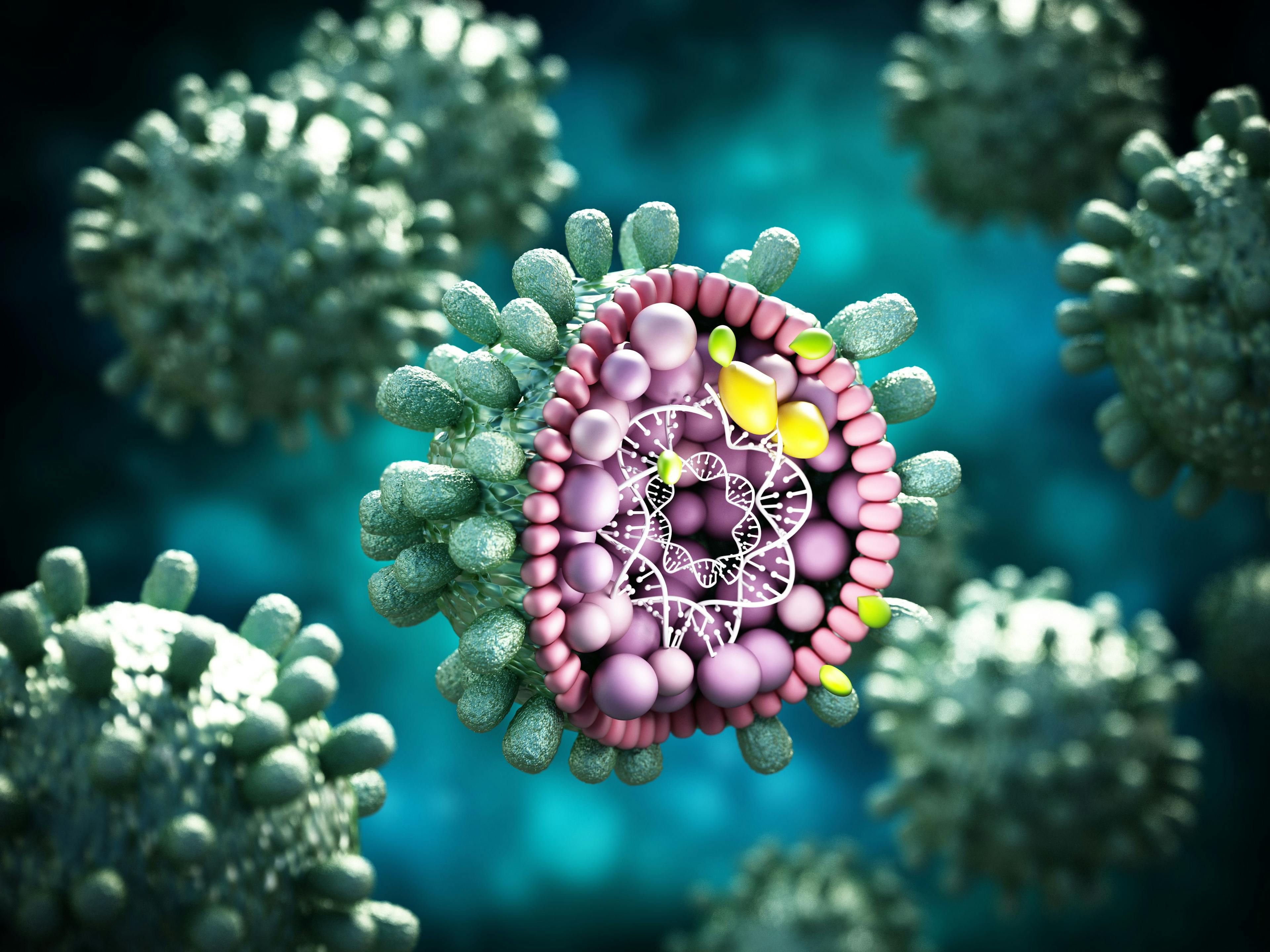 Image credit: Destina | stock.adobe.com. Structural detail of Hepatitis B virus on blue-green background.