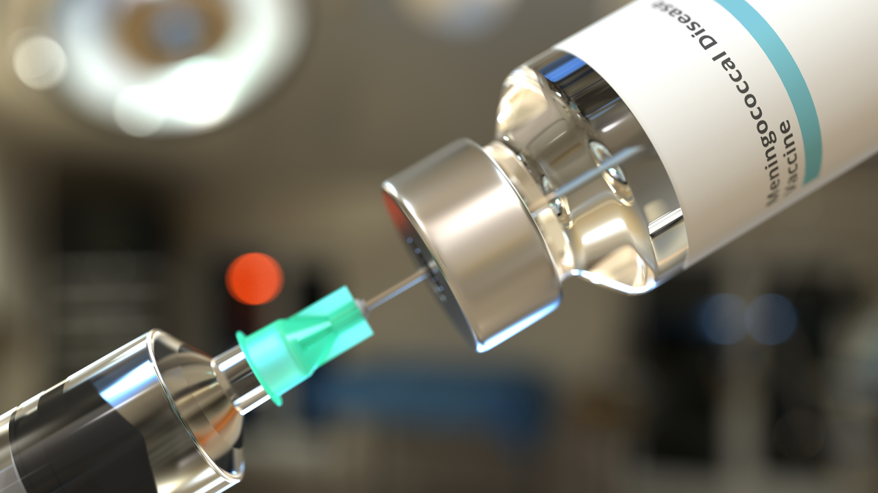 Medical bottle with meningococcal disease vaccine and syringe, 3D rendering. Image Credit: Adobe Stock Images/Alexey Novikov