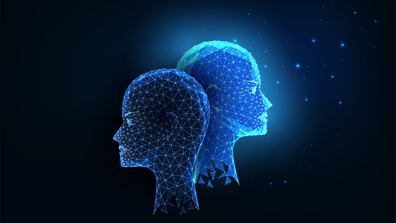 Futuristic bipolar disorder concept with glowing low polygonal light and dark human heads. Image Credit: Adobe Stock Images/Inna