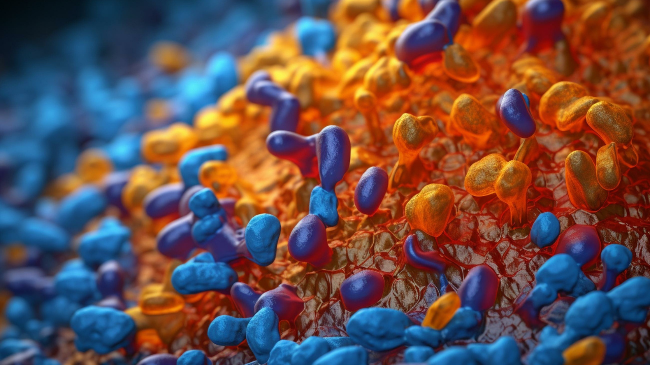 Structure of low density lipoprotein (LDL): protein b100 in blue, phospholipids in orange and blue, cholesterol in orange and violet, and cholesteryl ester and triglycerides in yellow. Generative AI. Image Credit: Adobe Stock Images/Pavel
