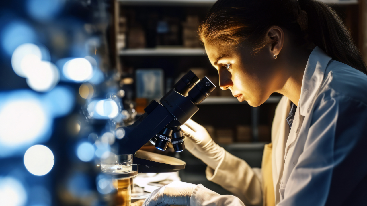 Expert female microbiologist scrutinizes medical samples using modern microscope in a tech-driven lab, driving breakthroughs in healthcare innovation. Image Credit: Adobe Stock Images/InputUX 