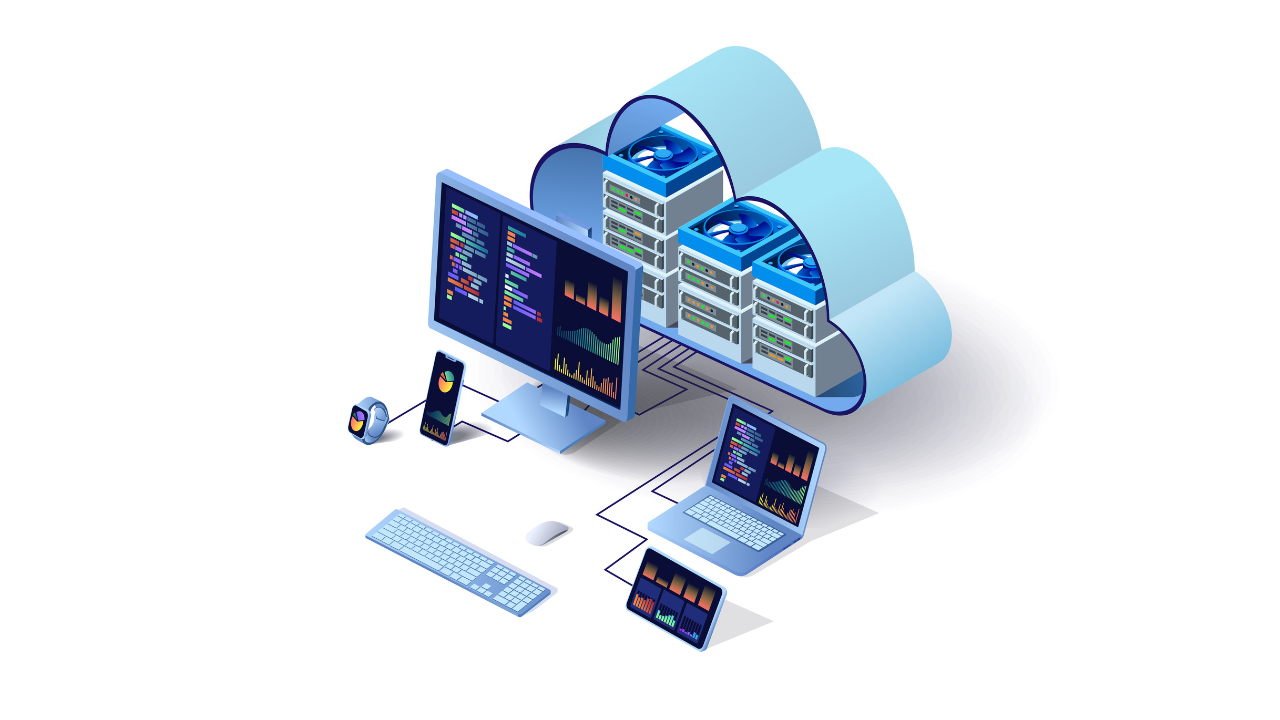 Cloud technology computing concept. Data center concept. Modern cloud technologies. Vector 3d isometric illustration network with computer, laptop, tablet, and smartphone. For web design, presentation. Image Credit: Adobe Stock Images/300_librarians