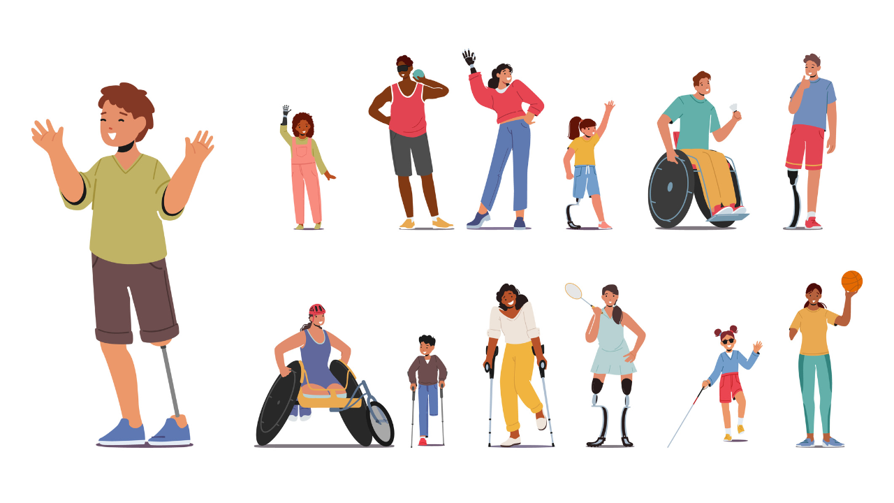 Set Of Disabled People. Adults And Children Characters With Disabilities. Arm Or Leg Prosthesis, Wheelchair, Crutches. Image Credit: Adobe Stock Images/Hanna Syvak