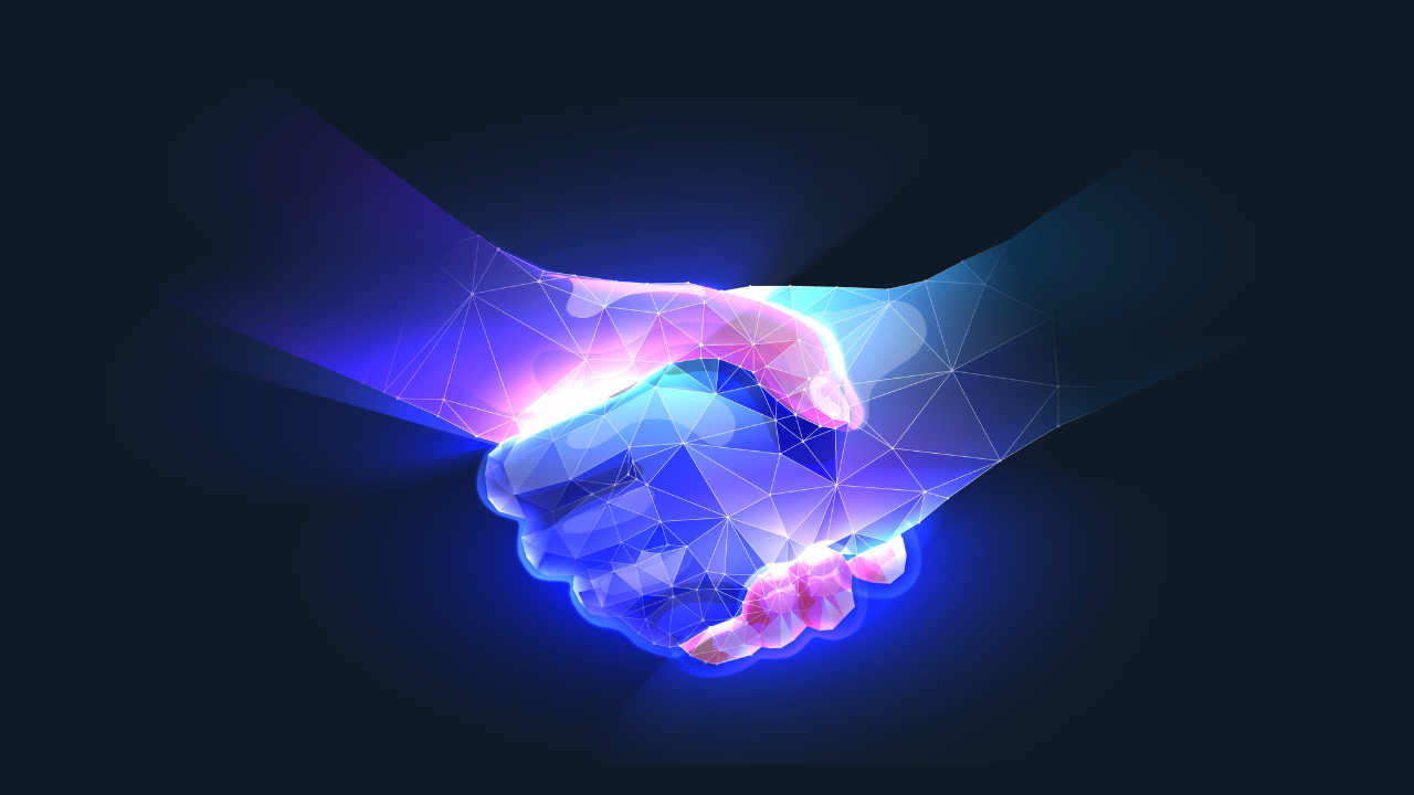 Handshake in digital futuristic style. The concept of partnership, collaboration or teamwork. Vector illustration with light effect and neon. Image Credit: Adobe Stock Images/Lagunov