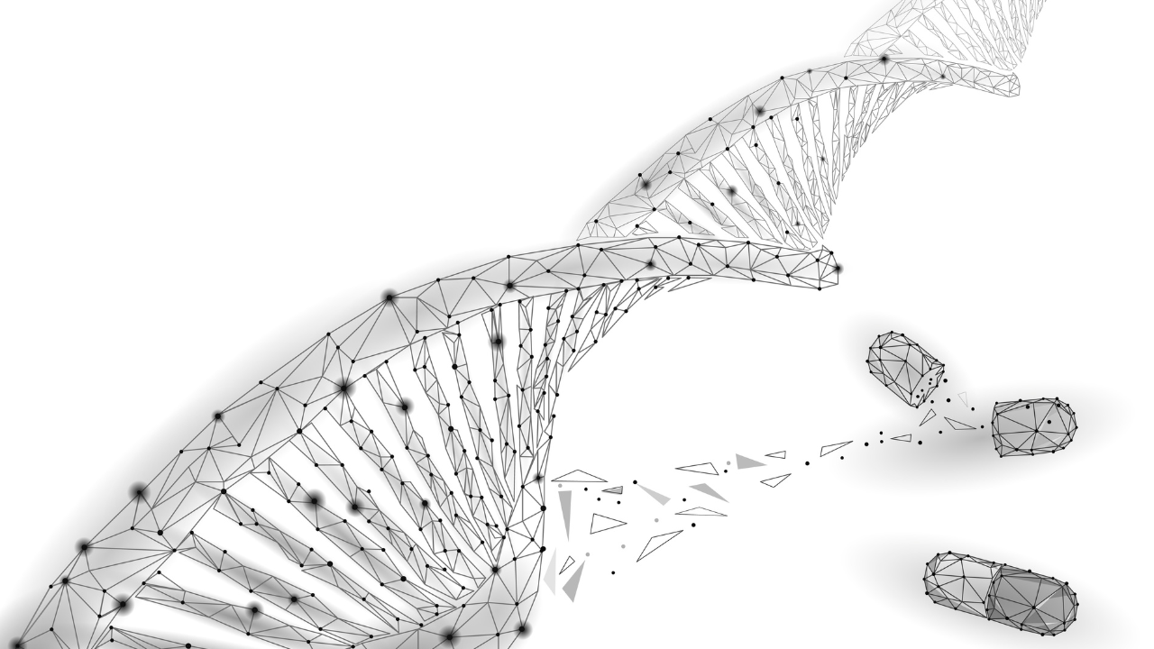 Gene therapy DNA 3D chemical molecule structure low poly. Polygonal triangle point line healthy cell part. Innovation medicine genome engineering vector illustration future business technology. Image Credit: Adobe Stock Images/LuckyStep