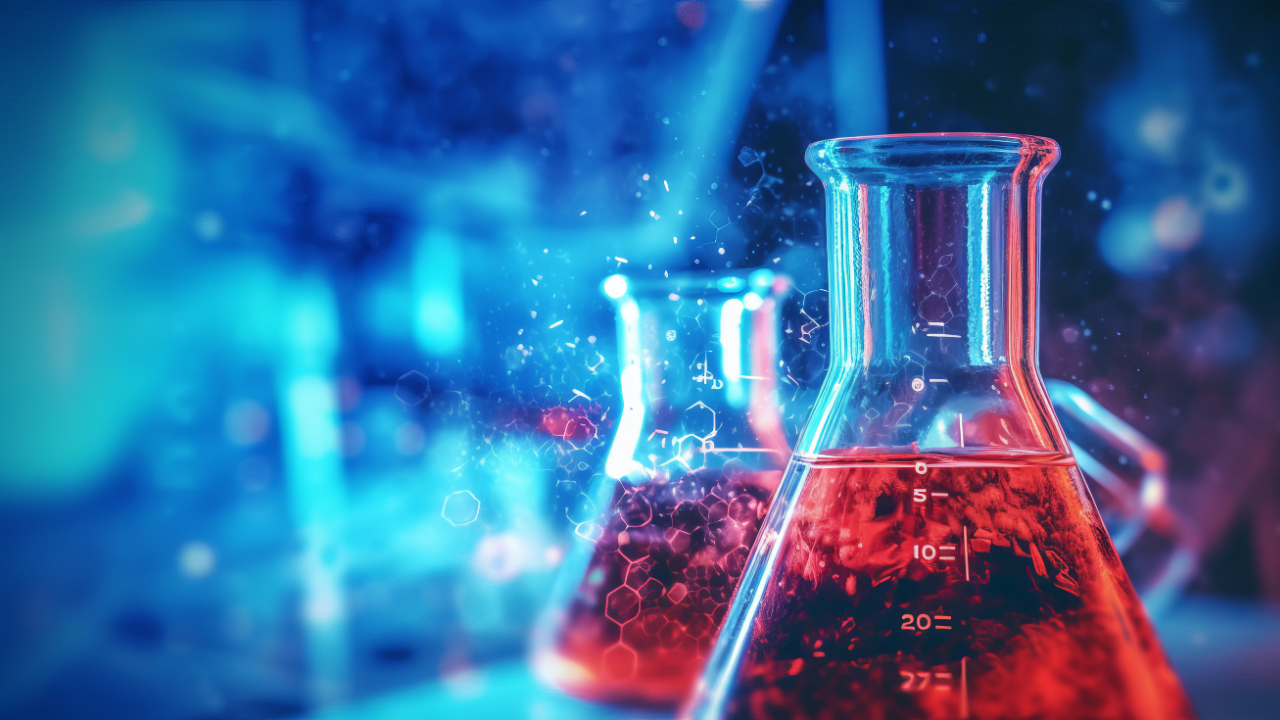 laboratory glassware in laboratory, blue red glass flask vial and chemical structure in research medical science technology background, Generative AI. Image Credit: Adobe Stock Images/Ameer