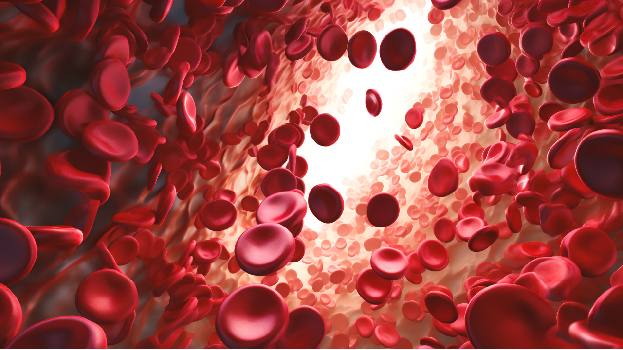 a close-up of red blood cells flowing through a vein, displaying the characteristic sickle shape Generative AI. Image Credit: Above Stock Images/catalin