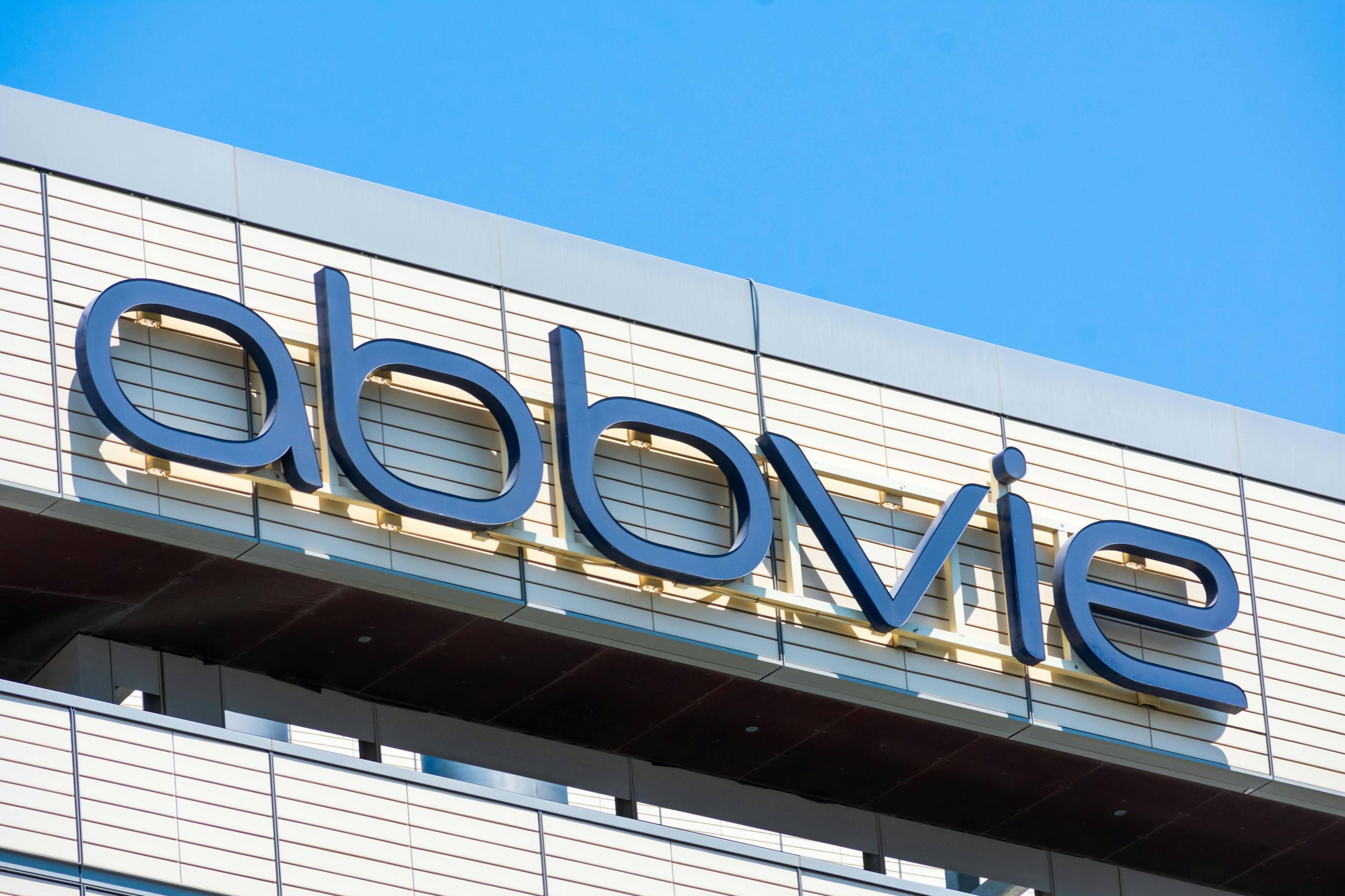 Image credit: MichaelVi | stock.adobe.com. AbbVie sign, logo on headquarters facade of an American publicly traded biopharmaceutical company. 